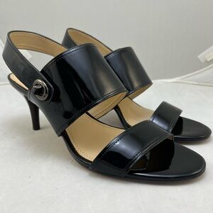 NWOB Coach Black Patent Slingback Heels Turnlock Sandals Size 7.5 Marla 3” Heel